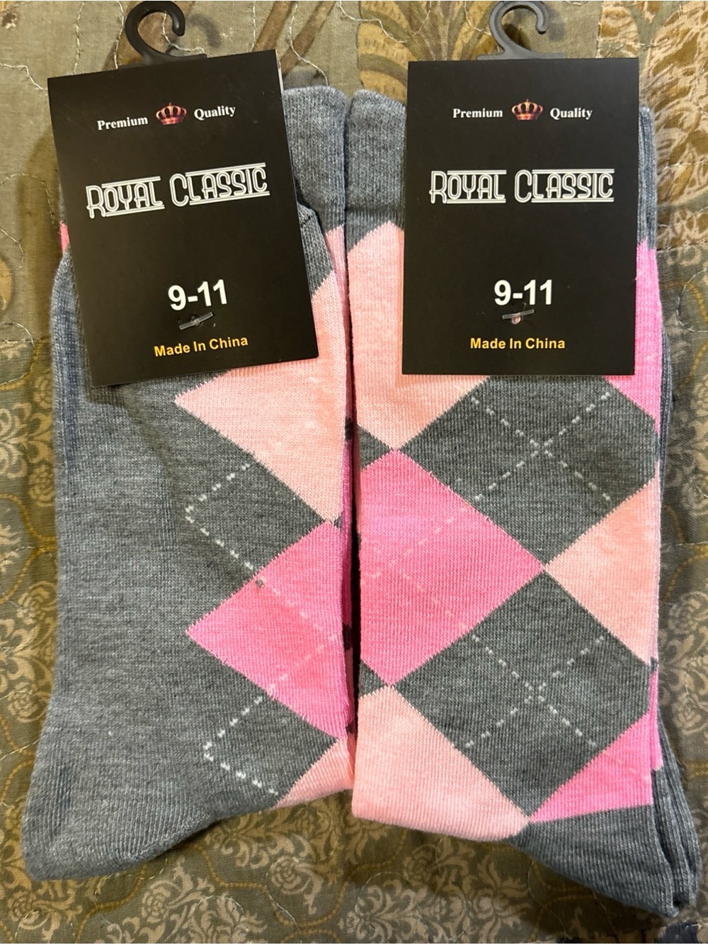 Classic Pink & Gray Argyle Crew Socks pack of two (2.)